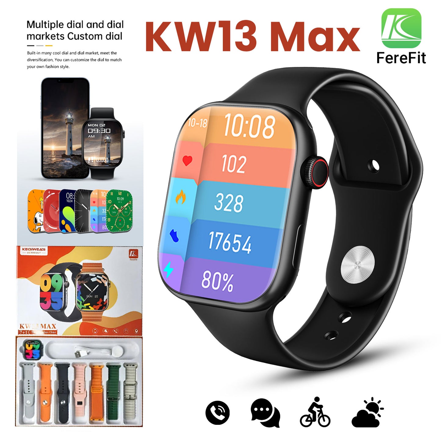 Kw13 Max 2.2 Inch Full Touch Screen 7 Straps Bt Calling Compatible System Android 5.0 Or Ios9.0 With Fere Fit App