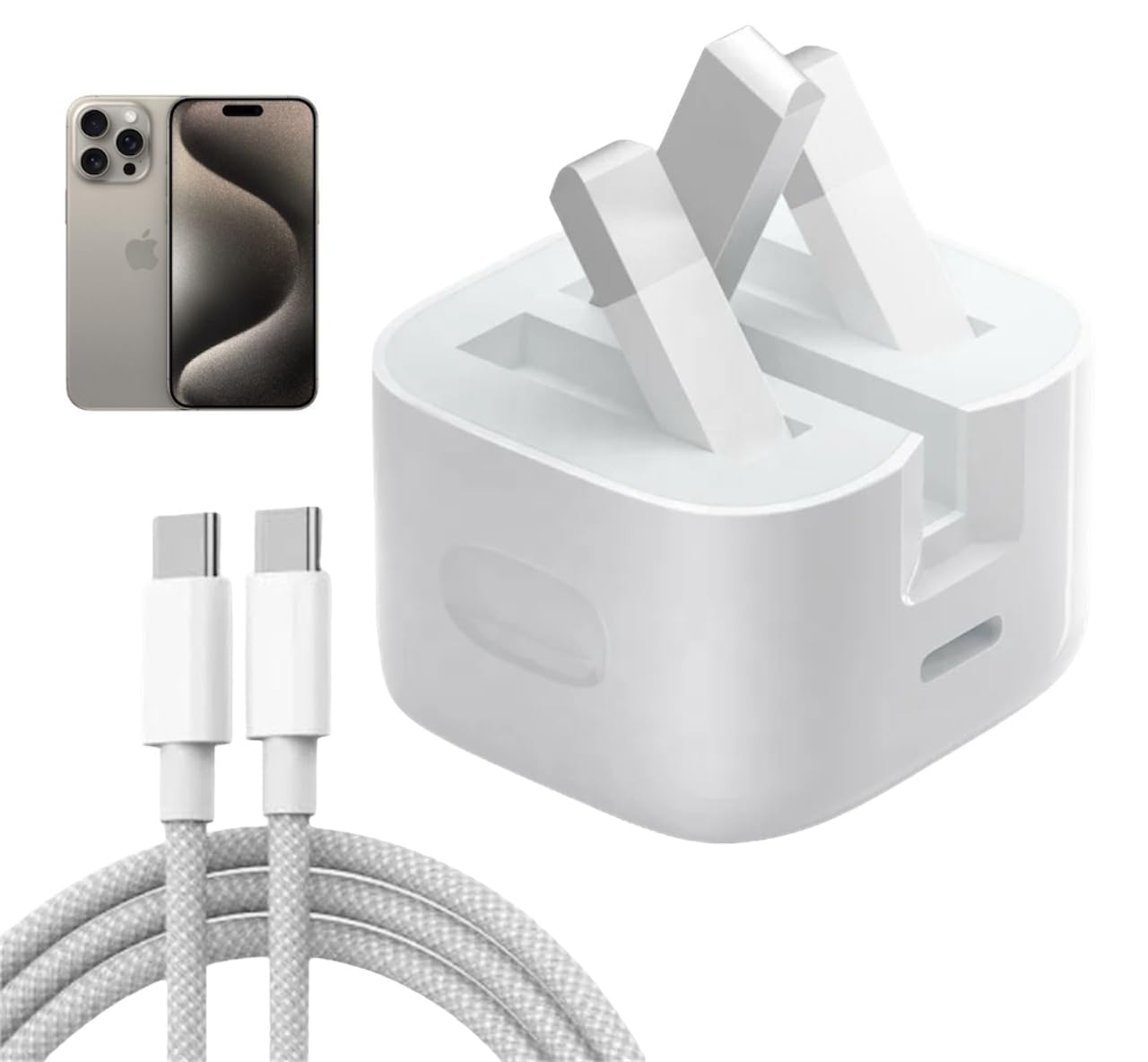 IPHONE 15 PRO MAX 3 PIN (UK PIN) 35W USB-C POWER ADAPTER WITH USB-C TO C CABLE