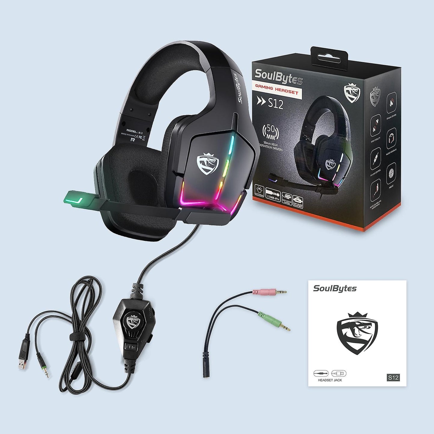 Soulbytes S12 Ps4 Ps5 Pc Xbox One Switch With Microphone Dynamic Rgb Led Effect 3.5mm Wired Stereo Bass Over Ear Mic Gaming Headphones