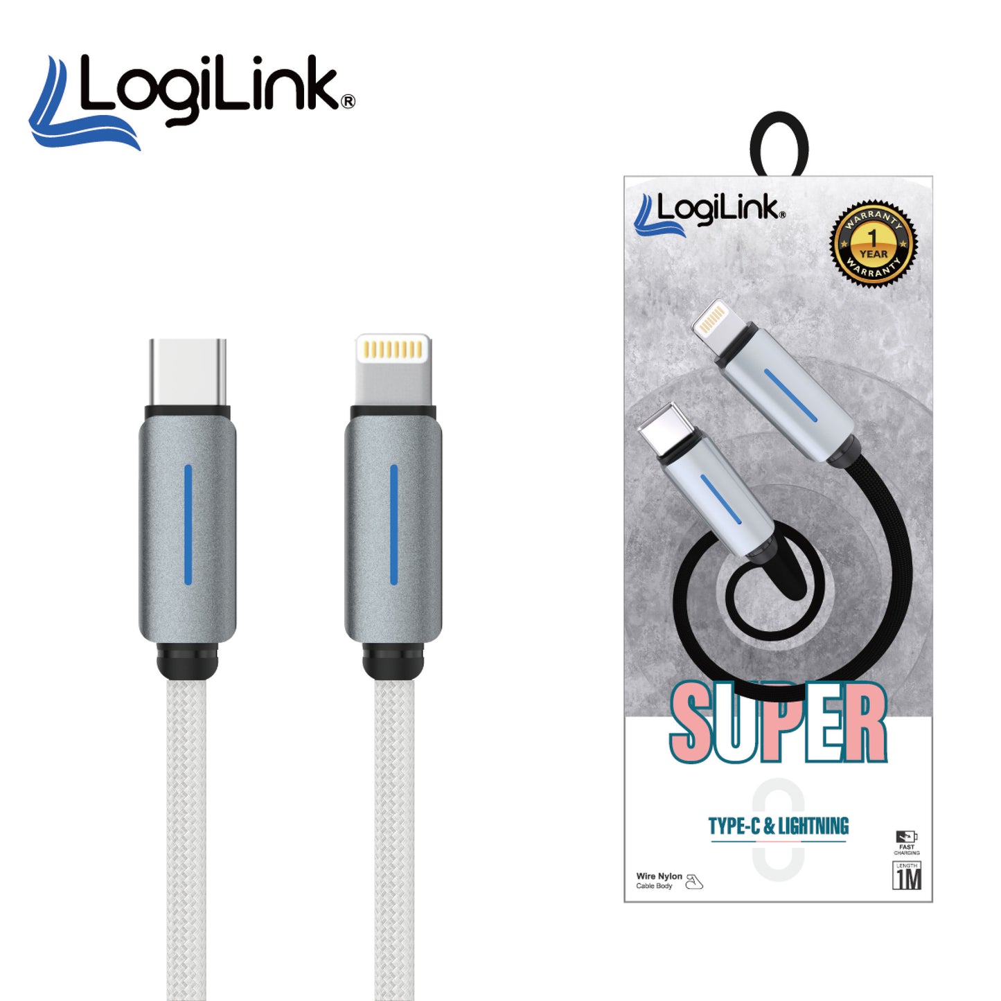 Logilink Type C To Lightning Nylon Fast Charging Data Cable With Light 1m -Black