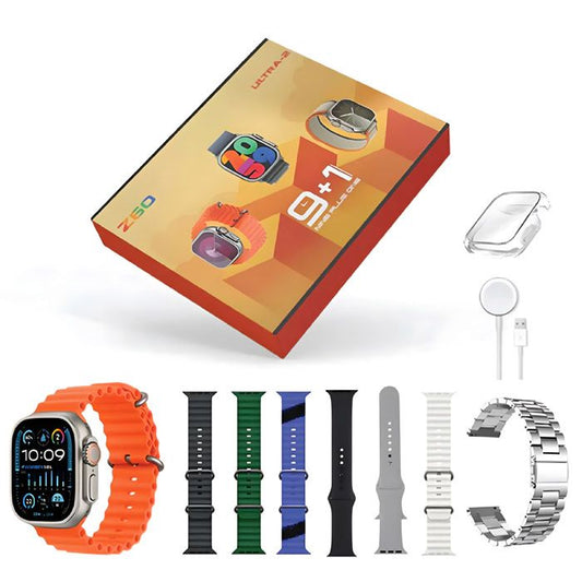 9+1 Z60 Ultra-2 Big Ips Display 49mm 8 Strap+screen Protector Bt Calling Smartwatch Always On Display With Fitpro App Silver