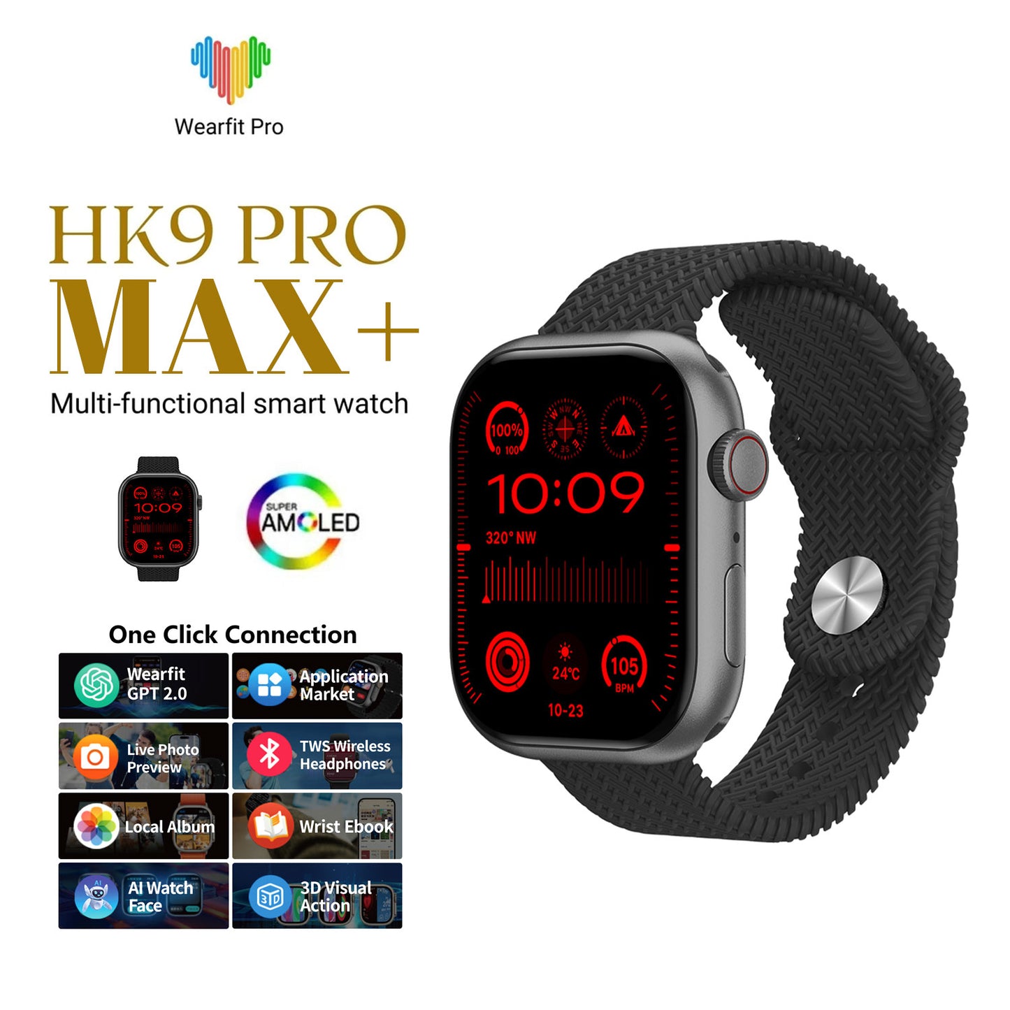 Hk9 Pro Max+ Smartwatch 2.02 Amoled Screen Support Local Music Tws Connection With Wearfit Pro App Black