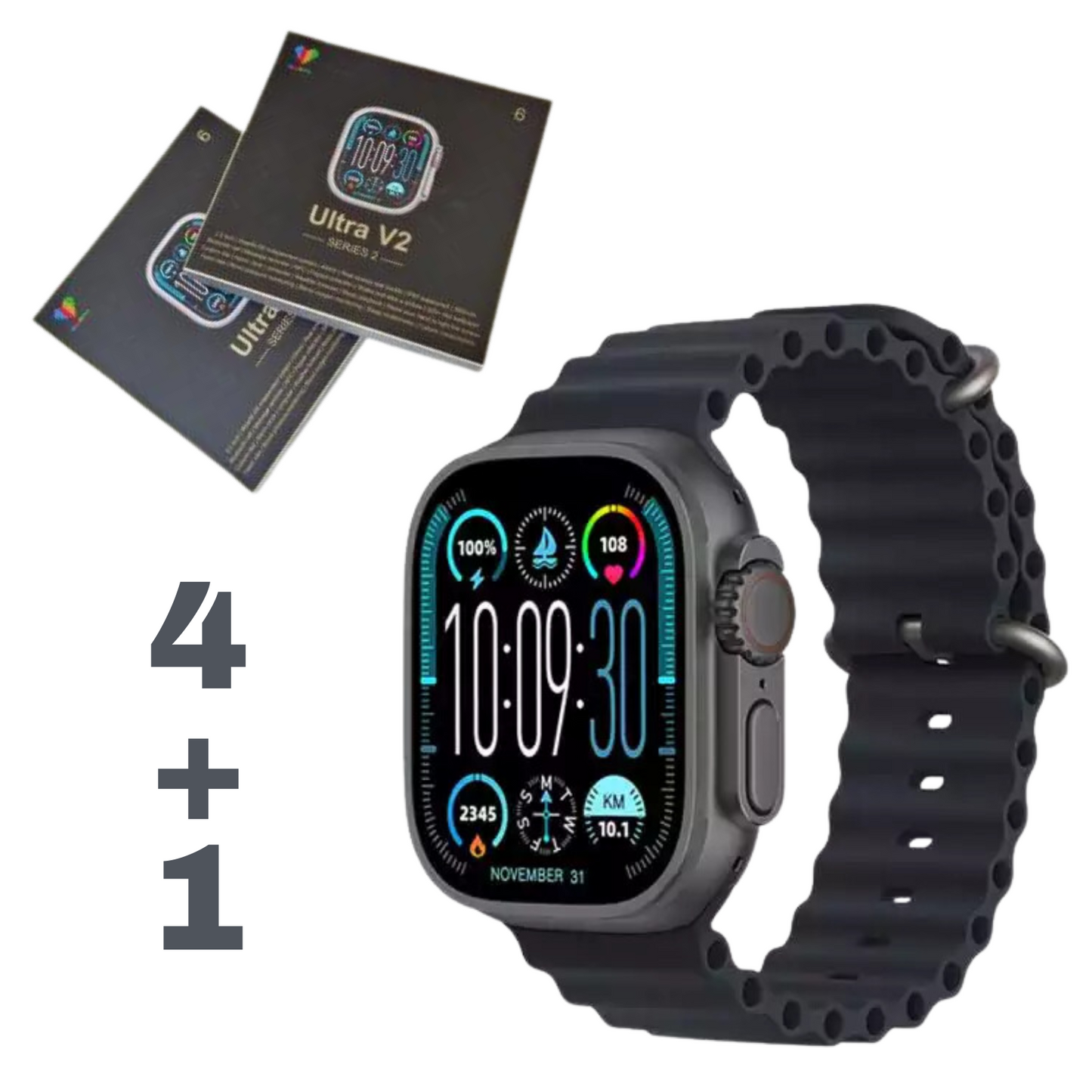 Ultra V2 New Fashion 2.2 Large Screen With 4 Straps Smart Watch With Wearfit Pro App Black