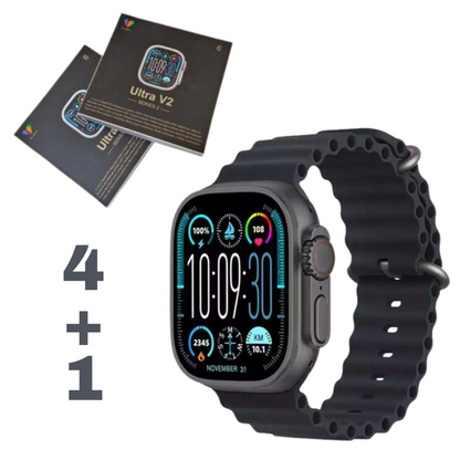 Ultra V2 New Fashion 2.2 Large Screen With 4 Straps Smart Watch With Wearfit Pro App Black