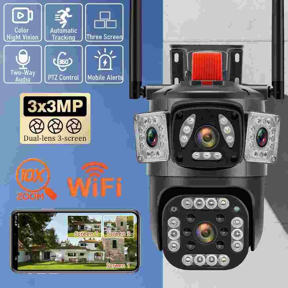 Speed-x Ptz (spz-803) 3 Camera Lens Wifi Outdoor 6mp Color Night Vision With V380 Pro App