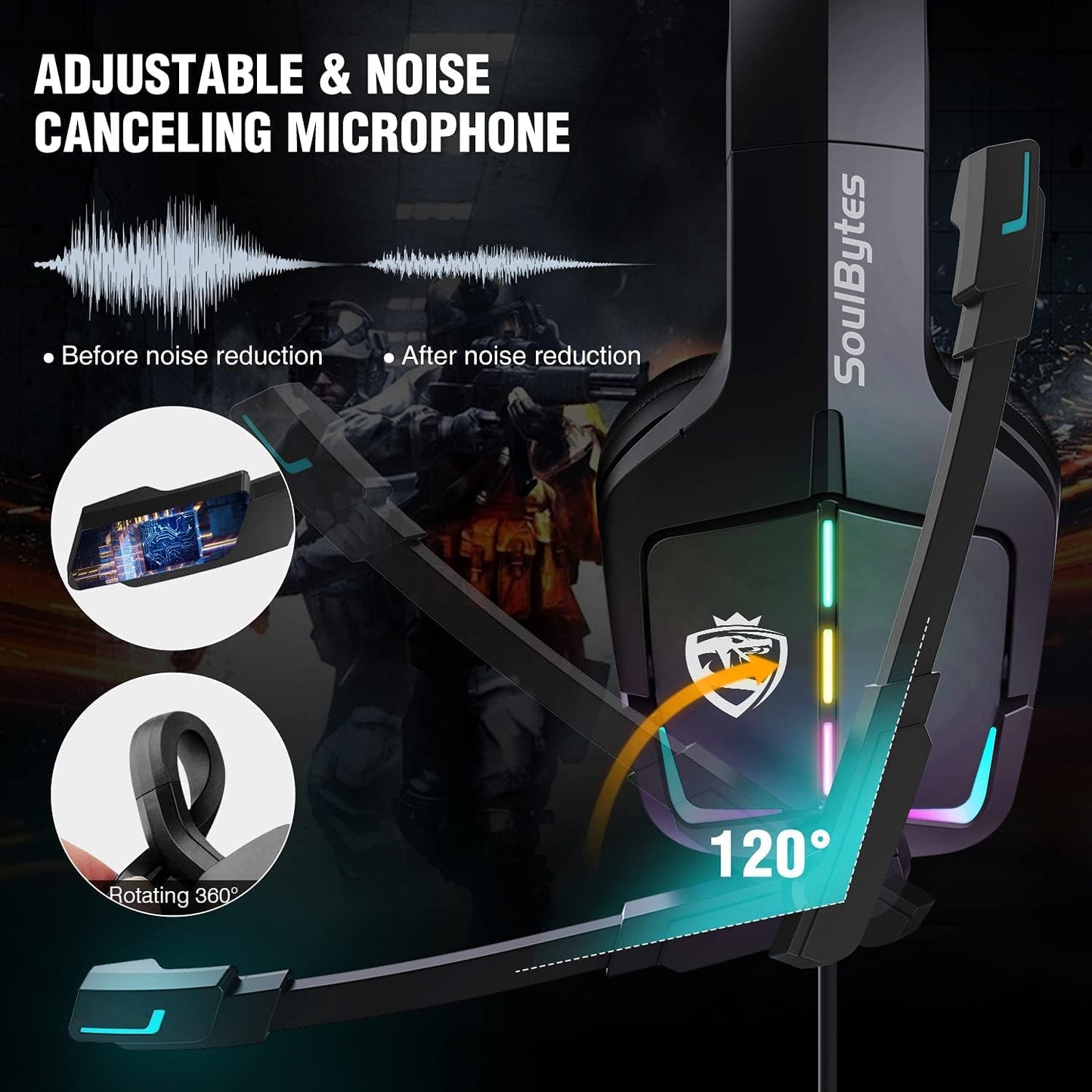 Soulbytes S12 Ps4 Ps5 Pc Xbox One Switch With Microphone Dynamic Rgb Led Effect 3.5mm Wired Stereo Bass Over Ear Mic Gaming Headphones