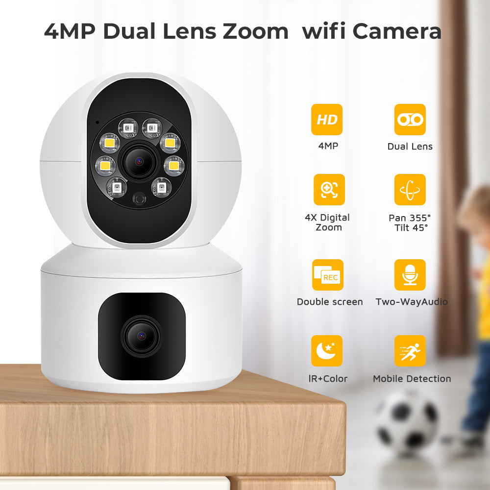 Hd Smart 4mp 2+2 Wifi Double Lens Auto-tracking Tow Way Audio Ir Night Vision Camera
