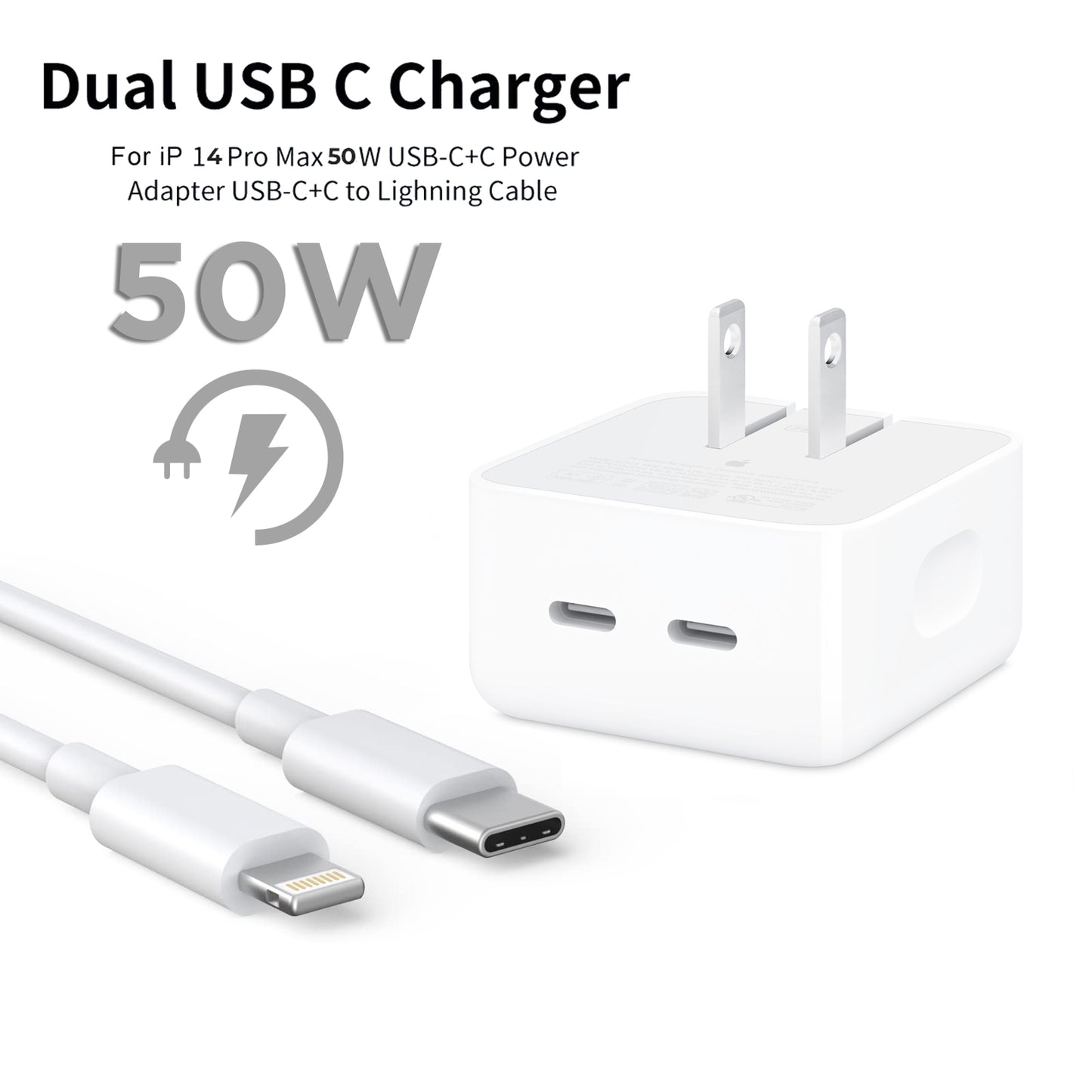 IPHONE 14 Pro 2 Pin (US PIN) 50W USB-C+C POWER Adapter With USB-C TO LIGHTINING CABLE