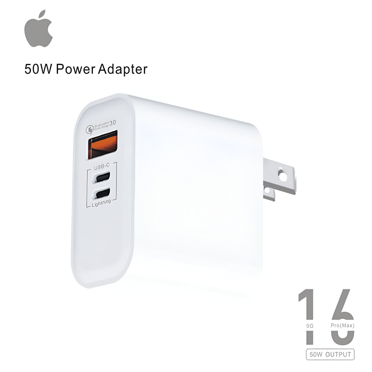 IPHONE 16 PRO MAX 50W POWER ADAPTER WITH 3 PORTS ( USB-A USB-C OR LIGHTNING )