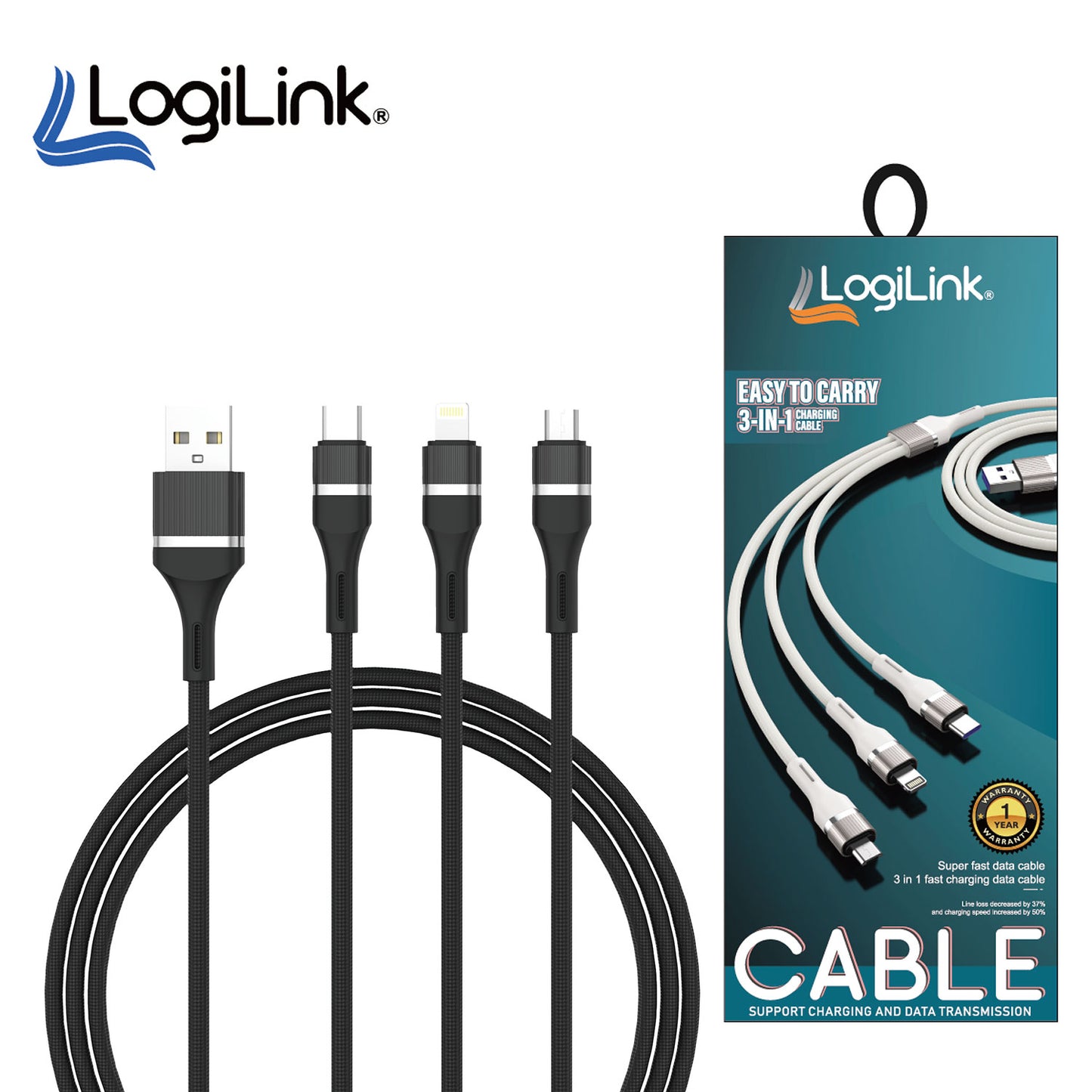 Logilink 3in1 Usb To Micro/type C/iphone Nylon Data Cable 6a Fast Charging 1m Black