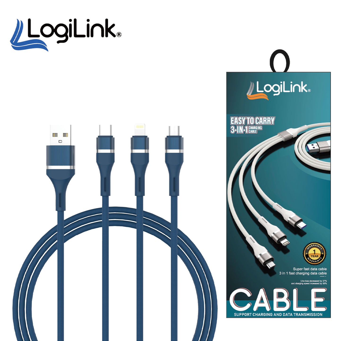 Logilink 3in1 Usb To Micro/type C/iphone Nylon Data Cable 6a Fast Charging 1m Black