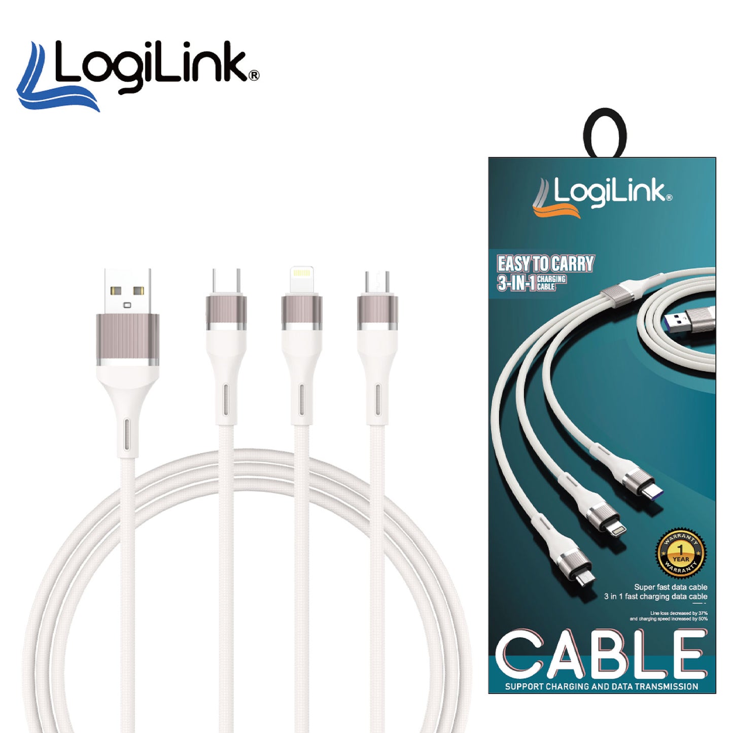 Logilink 3in1 Usb To Micro/type C/iphone Nylon Data Cable 6a Fast Charging 1m Black