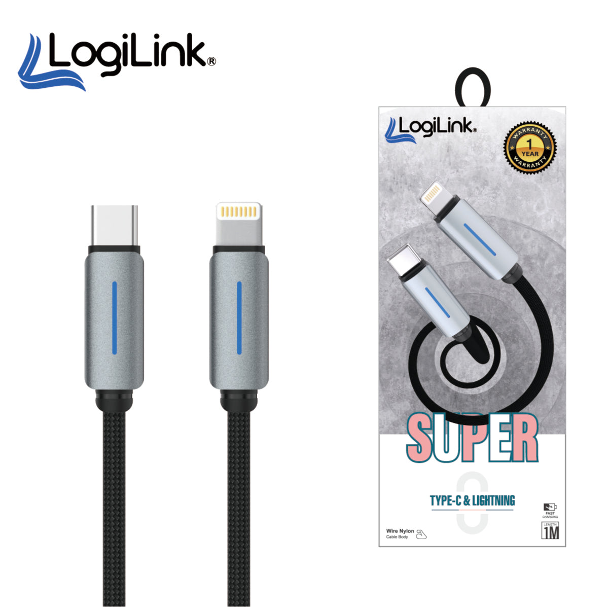 Logilink Type C To Lightning Nylon Fast Charging Data Cable With Light 1m -Black