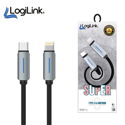 Logilink Type C To Lightning Nylon Fast Charging Data Cable With Light 1m -Black