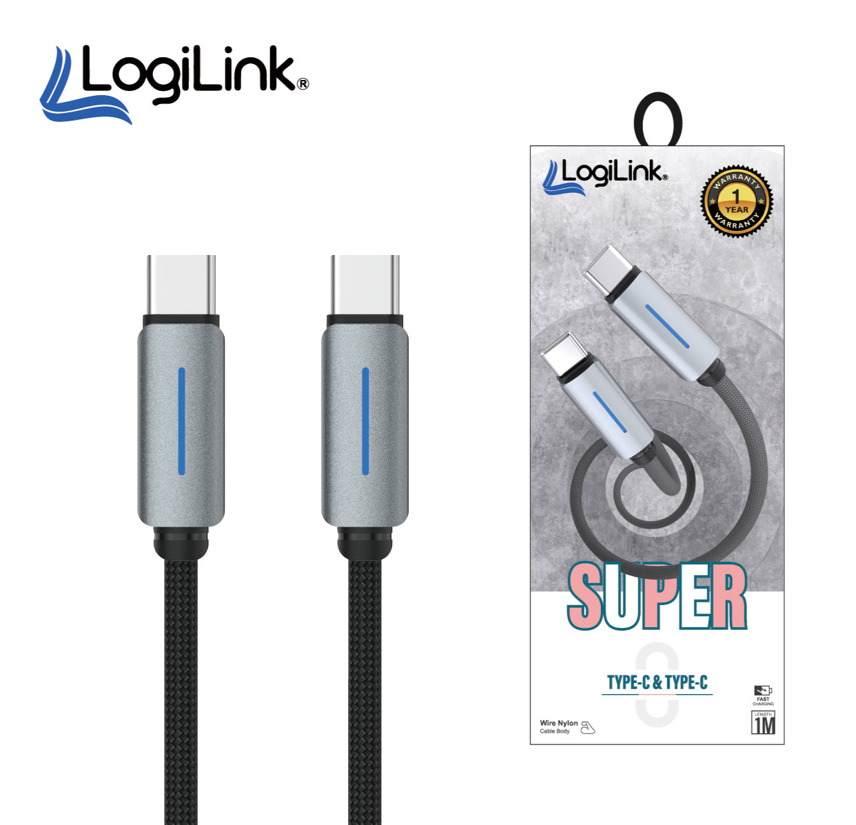 Logilink Type C To Type C Nylon Fast Charging Data Cable With Ligh1m -Black