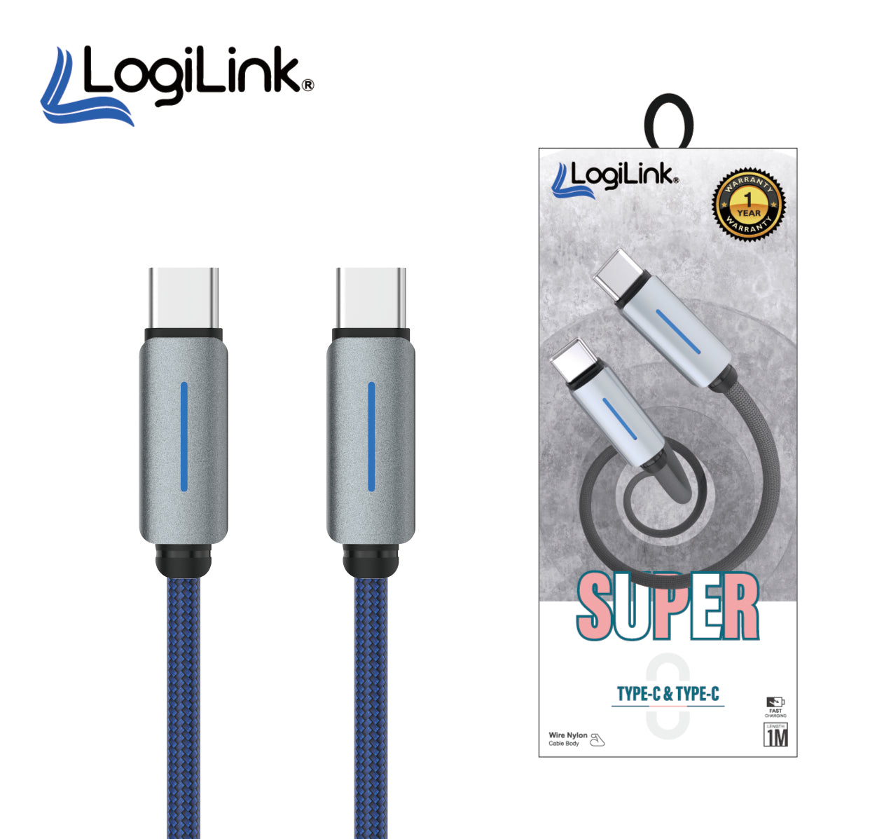 Logilink Type C To Type C Nylon Fast Charging Data Cable With Ligh1m -Black