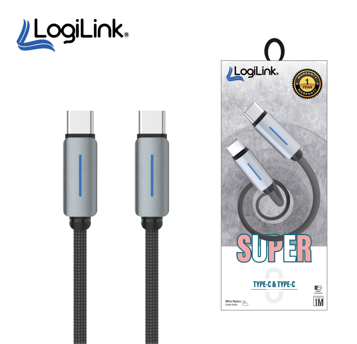 Logilink Type C To Type C Nylon Fast Charging Data Cable With Ligh1m -Black