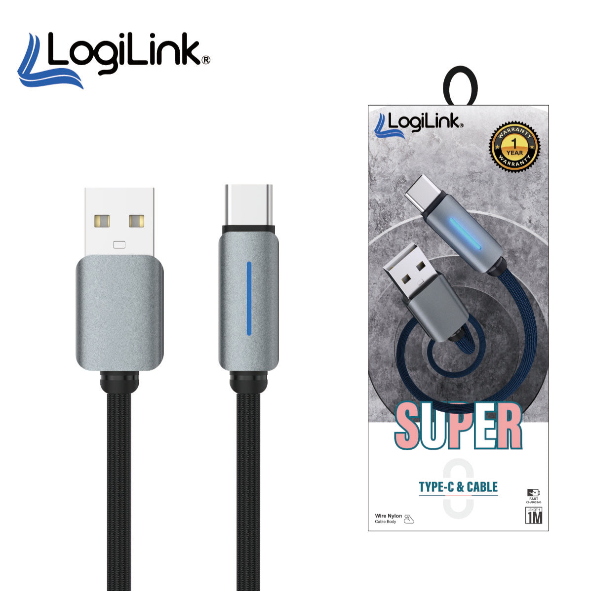 Logilink Usb To Type C Nylon Fast Charging Data Cable With Light 1m - Black