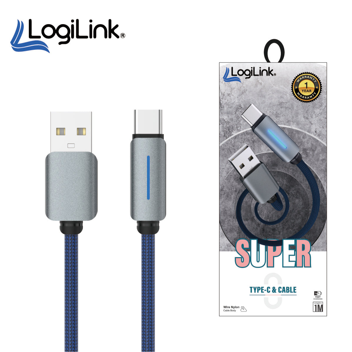 Logilink Usb To Type C Nylon Fast Charging Data Cable With Light 1m - Black