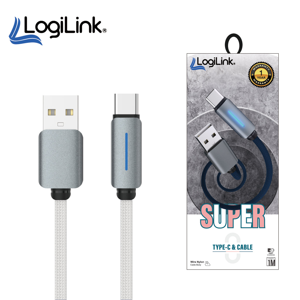 Logilink Usb To Type C Nylon Fast Charging Data Cable With Light 1m - Black