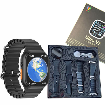 Ultra V2 New Fashion 2.2 Large Screen With 4 Straps Smart Watch With Wearfit Pro App Black